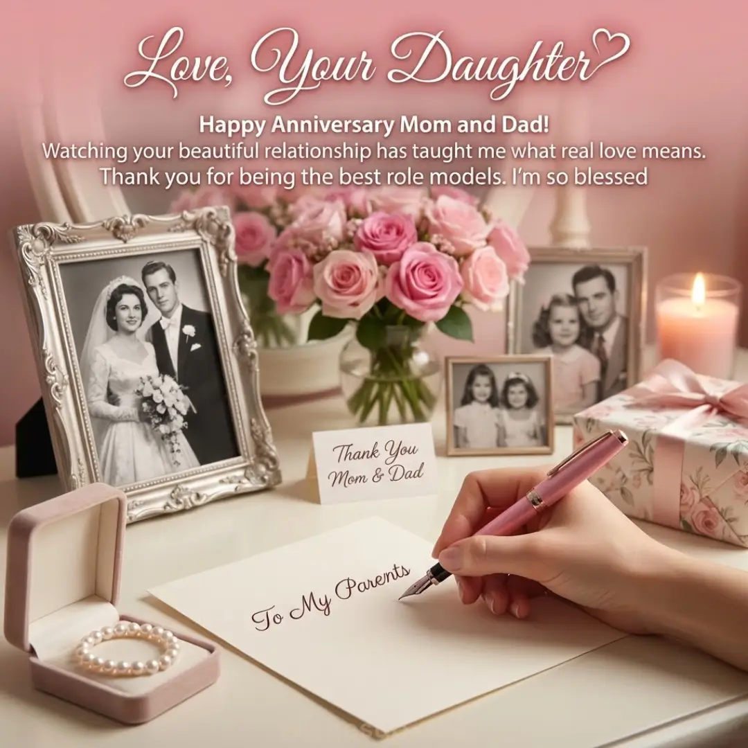 A hand writes "To My Parents" with a pink fountain pen on cream stationery, surrounded by ornate silver-framed vintage photos and a lush bouquet of pink roses. Soft, warm diffused light bathes the sentimental scene, highlighting a pearl bracelet and a glowing candle.