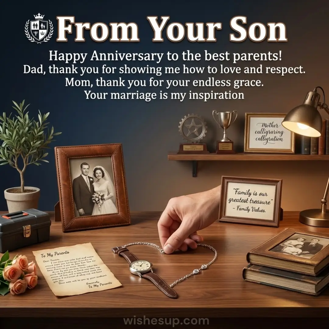 A hand shapes a silver necklace and leather watch into a heart on a polished wooden desk under warm lamp light. Vintage wedding photos, peach roses, and aged paper create a nostalgic atmosphere of love and gratitude.