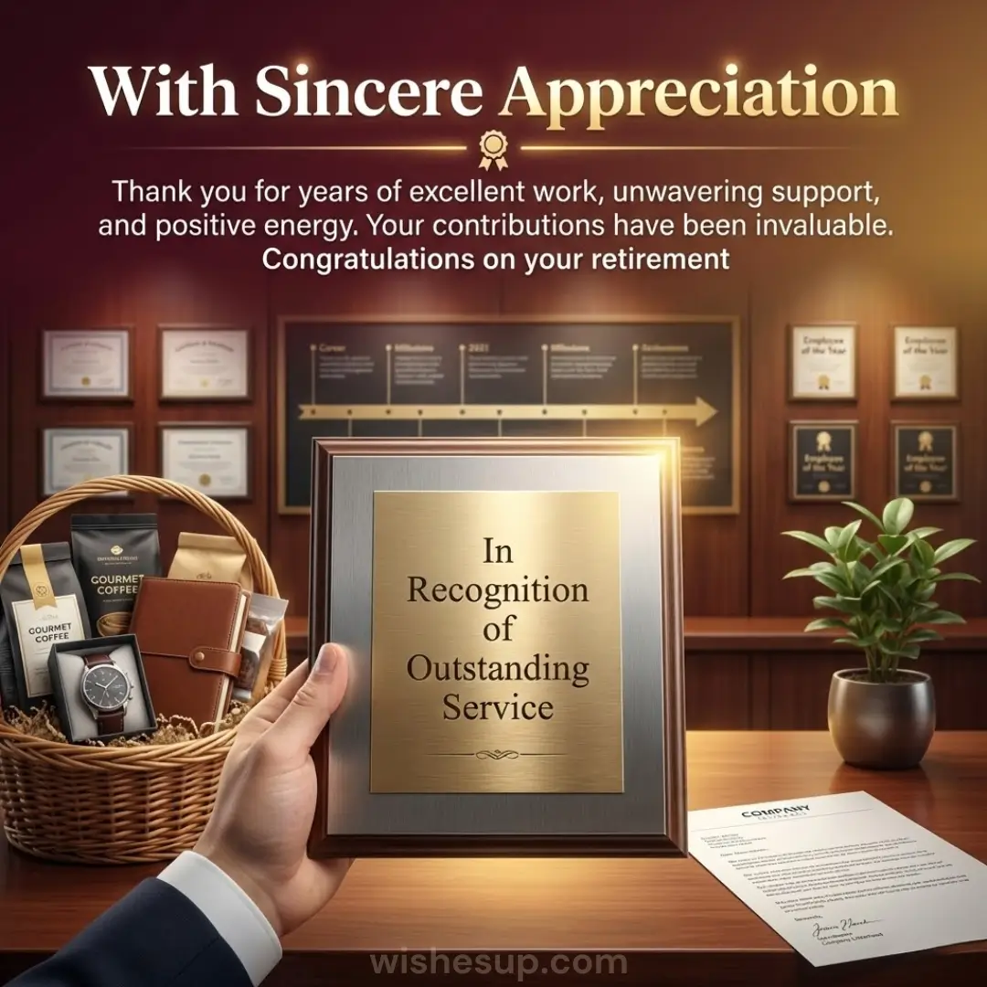 A hand holds a brushed gold plaque engraved with "In Recognition of Outstanding Service" in a warm office. A wicker gift basket and lush plant sit nearby, bathed in a golden glow highlighting the elegant textures and setting.