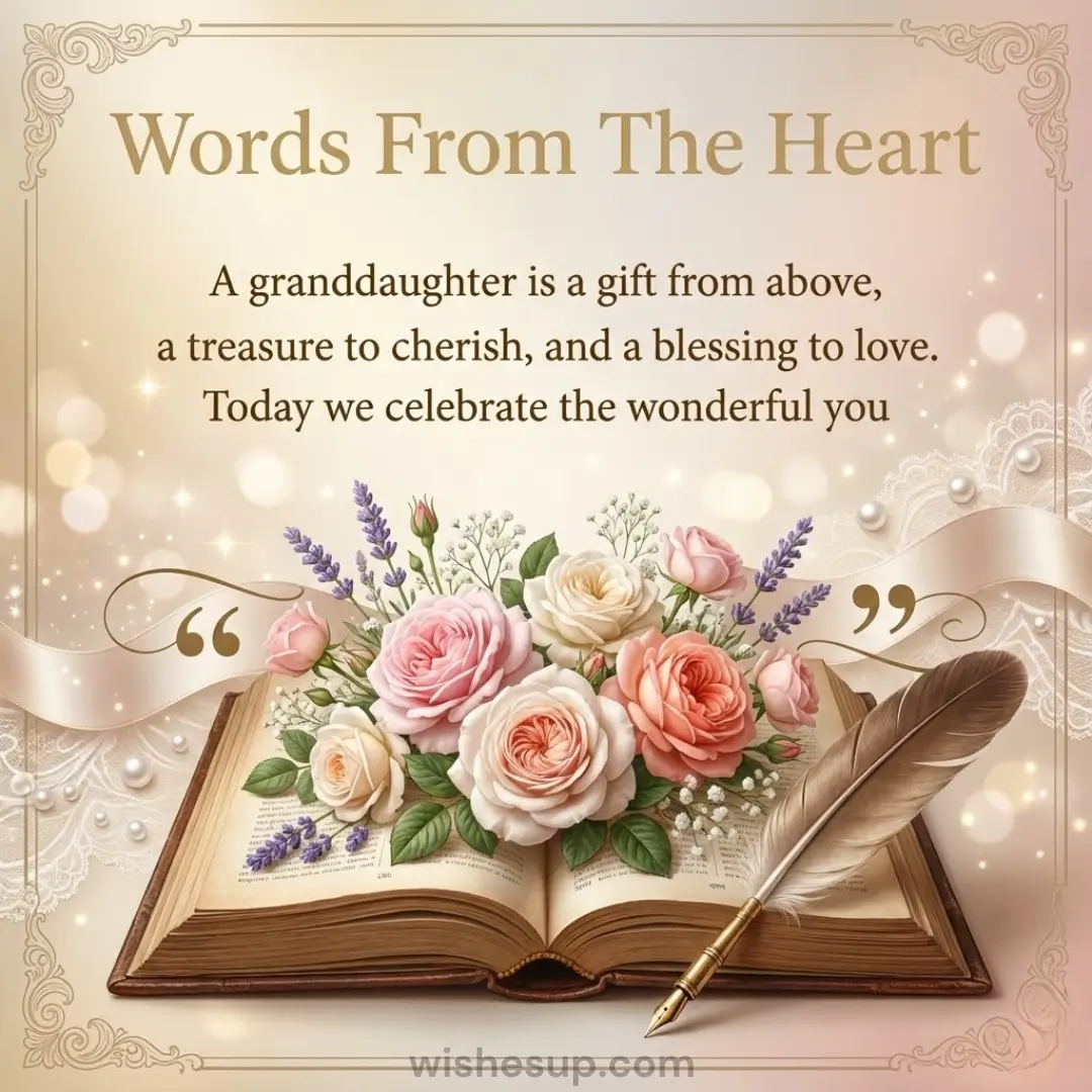 "Words From The Heart" granddaughter quote card with pink roses on an open book reading "A granddaughter is a gift from above."