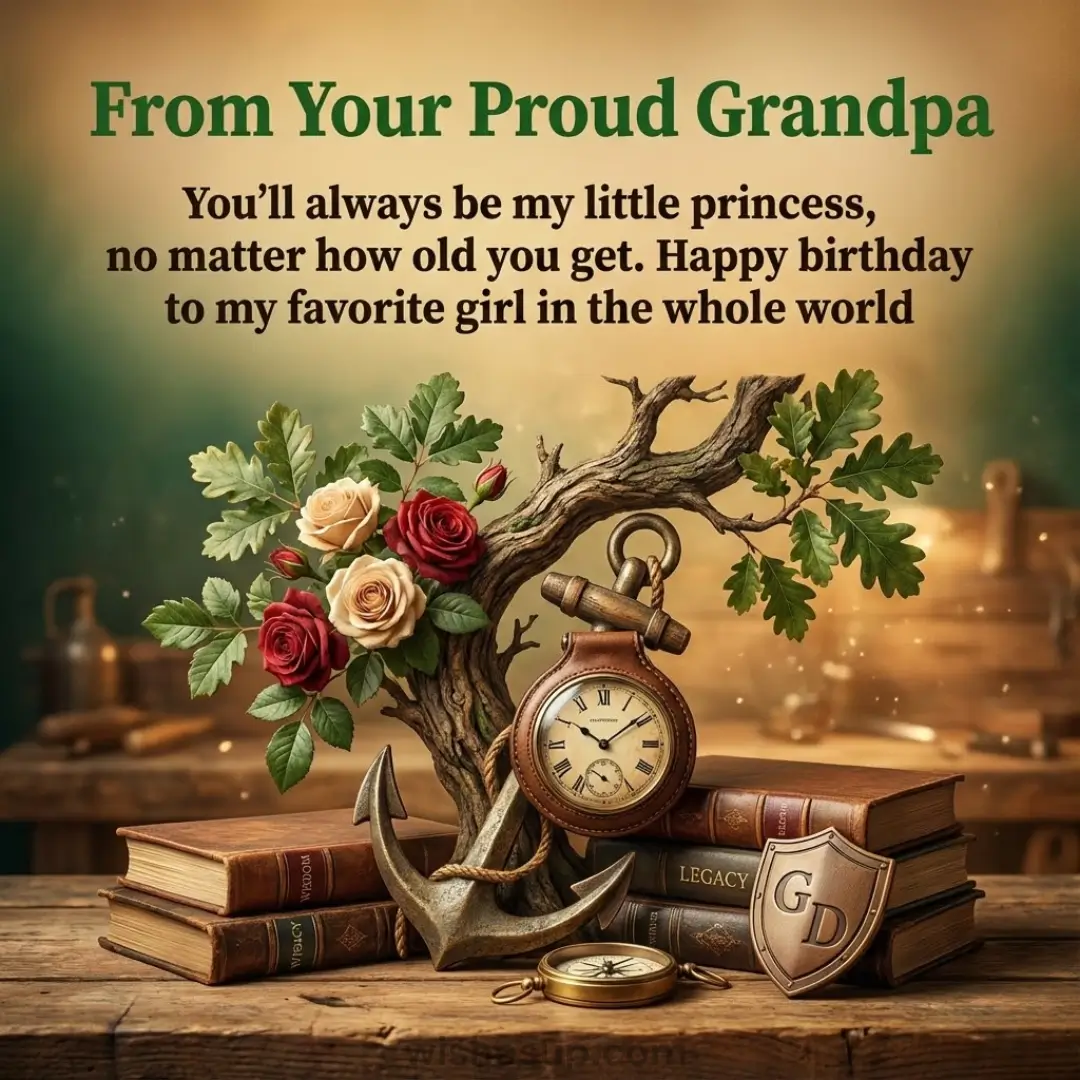 "From Your Proud Grandpa" birthday card reading 'my little princess' with vintage pocket watch, roses, and anchor on rustic wood.