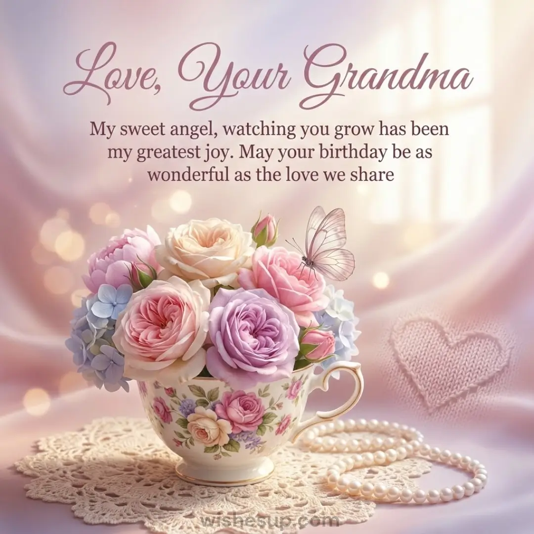 "Love, Your Grandma" birthday card with pastel roses in a vintage teacup, pearls, and text: "Watching you grow has been my greatest joy."