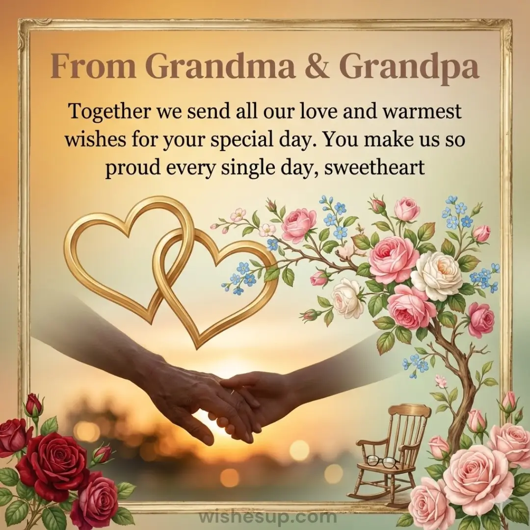 "From Grandma & Grandpa" greeting card with holding hands, gold hearts, and pink roses, sending love and pride for a special day.
