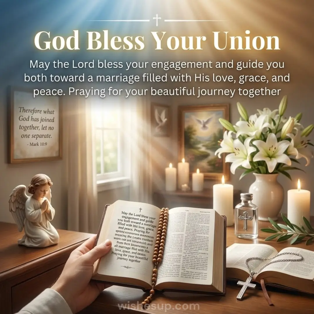 Hands hold an open Bible with wooden rosary beads under ethereal golden light rays. This serene scene features white lilies, glowing candles, and a small praying angel on a polished desk, creating a warm, sacred atmosphere of prayer.
