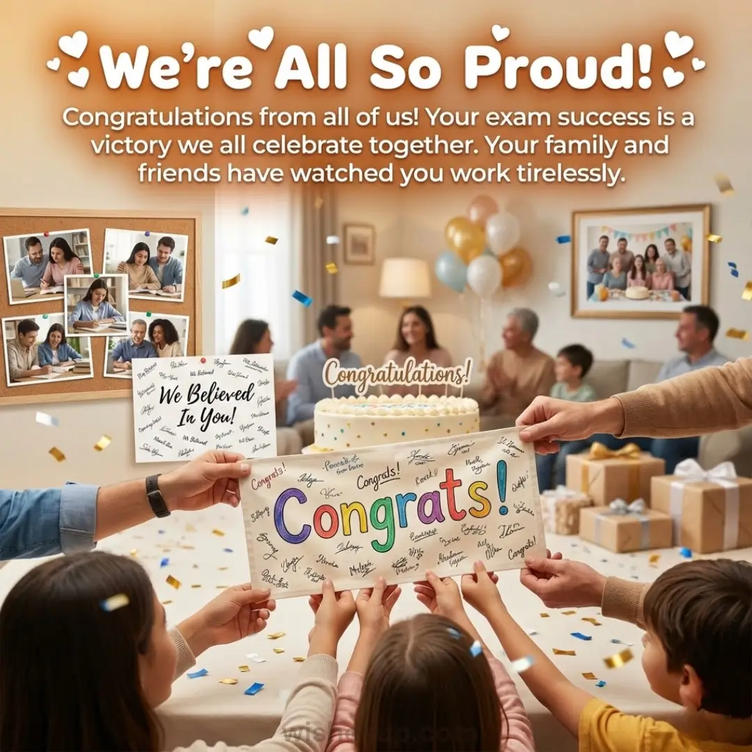 Hands hold a vibrant, signed "Congrats!" banner amidst shimmering gold confetti and a white-frosted cake. Soft, warm light fills the festive room, highlighting wrapped gifts and photos celebrating a joyful academic achievement.