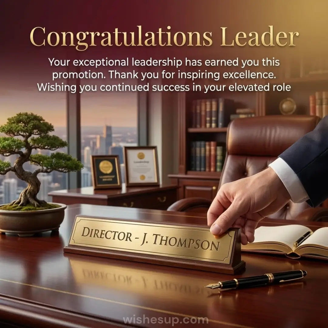 A hand in a dark suit places a gold nameplate reading "Director - J. Thompson" on a polished mahogany desk. Bathed in warm golden light, the office features a lush bonsai and sunset city skyline beneath gold congratulatory text.