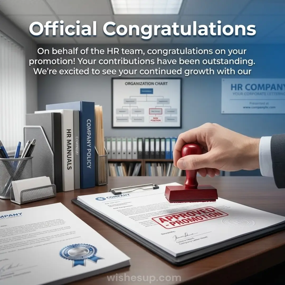 A hand presses a polished red wooden stamp onto a white document, marking it "APPROVED - PROMOTION" in vibrant red ink. This bright office scene features a dark wood desk near professional HR manuals and a framed organization chart.