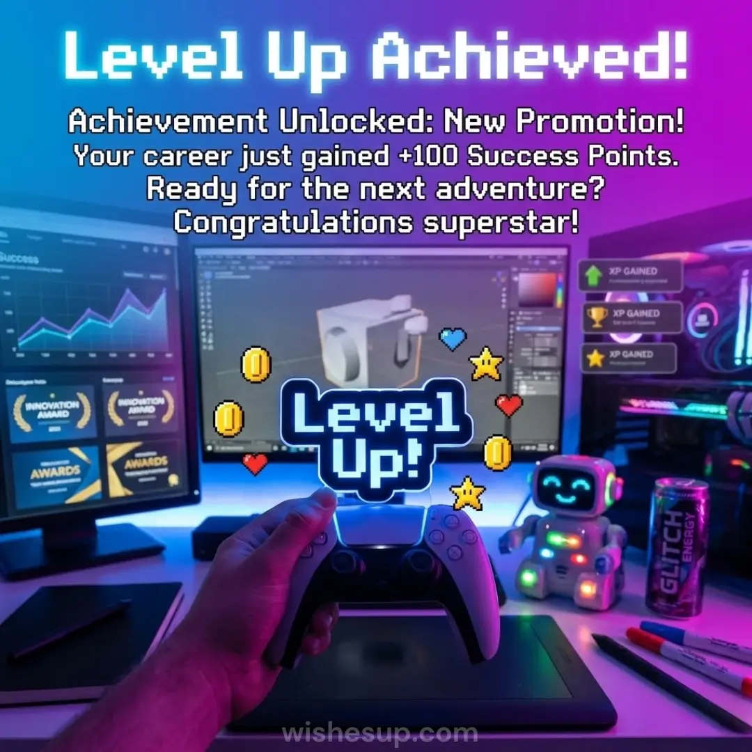 A white gaming controller held amidst vibrant neon cyan and magenta light. Pixel-art "Level Up!" graphics and career text float above the hand, while dual monitors display awards and 3D software beside a glowing toy robot.