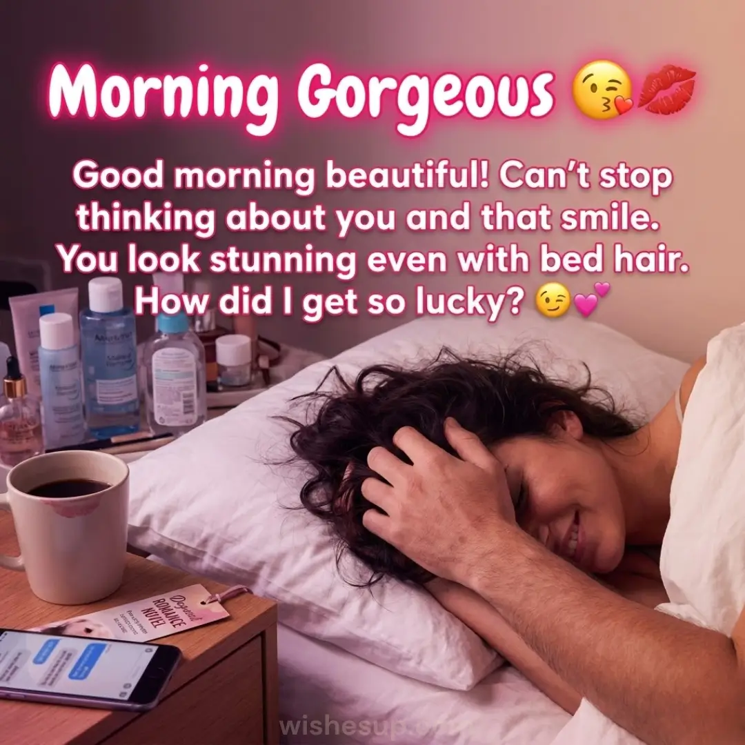 A woman with tousled dark hair smiles in bed under soft morning light as a hand strokes her head, while a nightstand holds a lipstick-stained white mug framed by vibrant pink text and affectionate emojis.