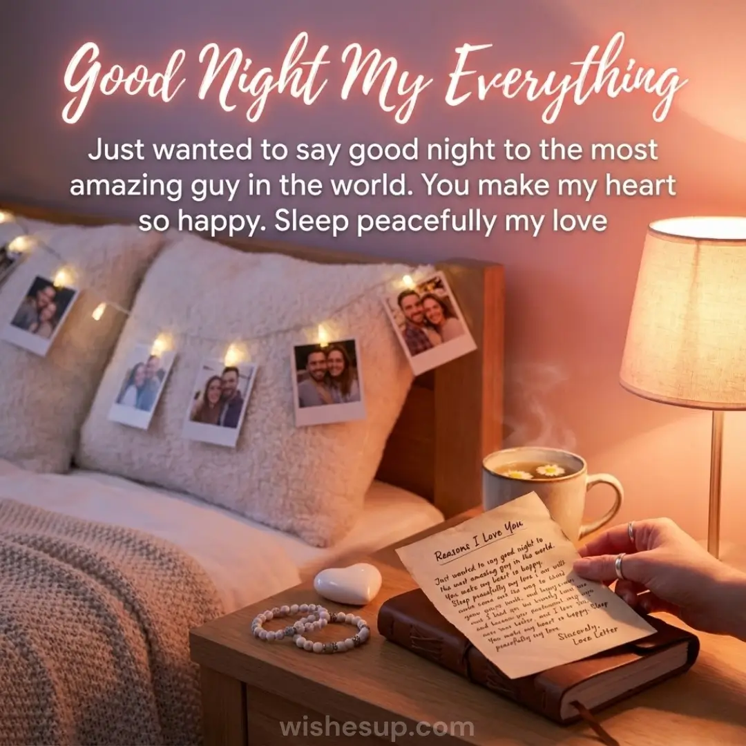 A handwritten love letter rests on a leather journal under warm golden light. Soft, fuzzy pillows with glowing fairy-light polaroids create a romantic atmosphere beside a steaming ceramic mug and beaded bracelets.