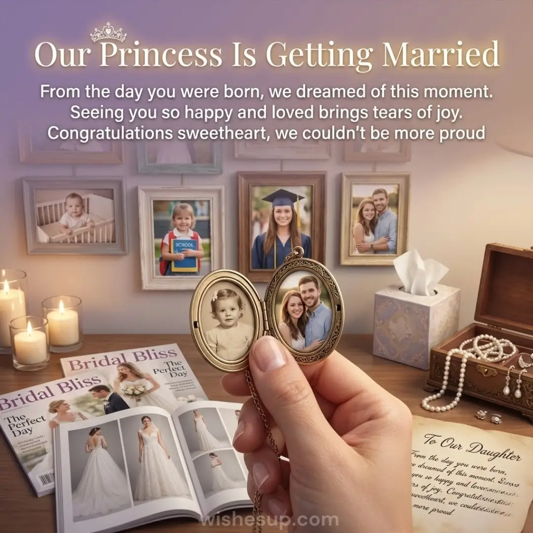 Golden text reading "Our Princess Is Getting Married" sits above a wall of framed memories, while a hand holds an antique gold locket over glossy magazines and glowing candles in a warm, nostalgic light.