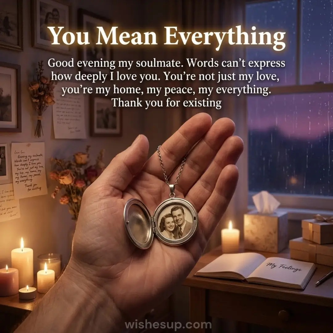 An open silver locket with a vintage portrait rests in a hand, bathed in warm candlelight. The cozy room features a rainy twilight window and an open journal, creating a nostalgic atmosphere with soft purple and golden hues.