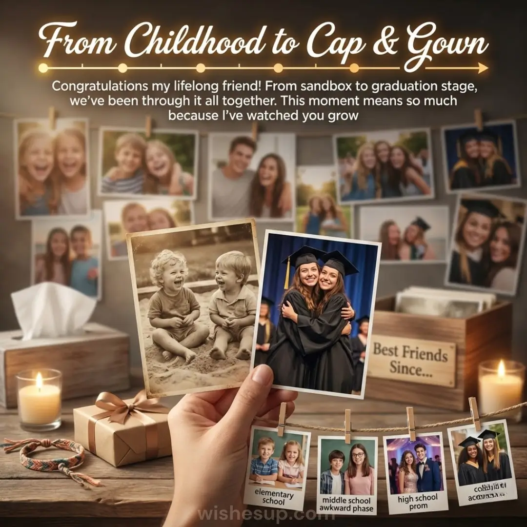 A hand holds a sepia childhood photo and a vibrant graduation portrait over a rustic table. Warm candlelight illuminates a woven bracelet and a wall of memories, creating a nostalgic, golden-hued atmosphere.