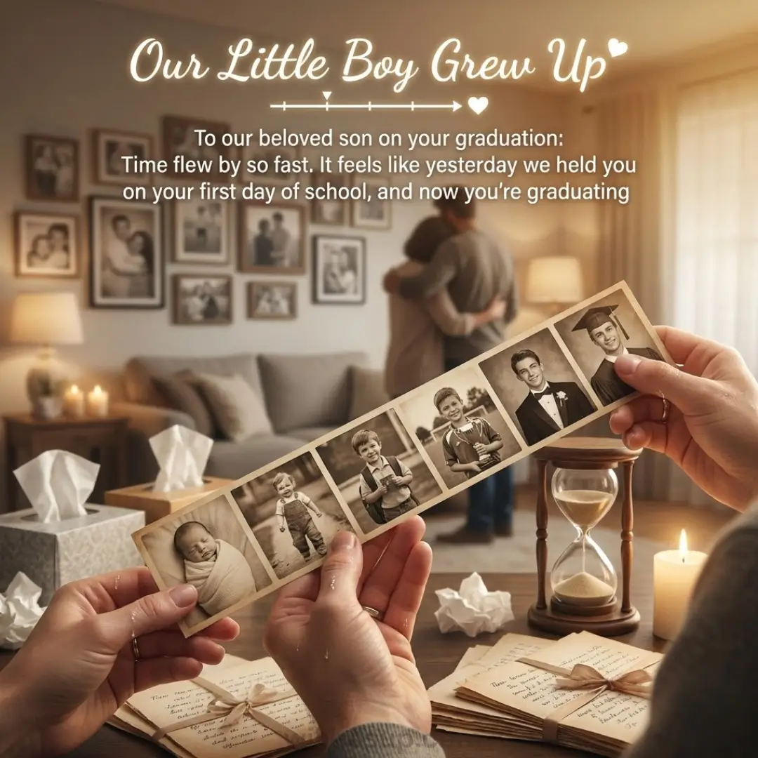 Hands hold a sepia photo strip tracing a son's growth from infancy to graduation over an hourglass. Warm, golden light illuminates the room, highlighting aged paper textures and a blurred background of family memories.