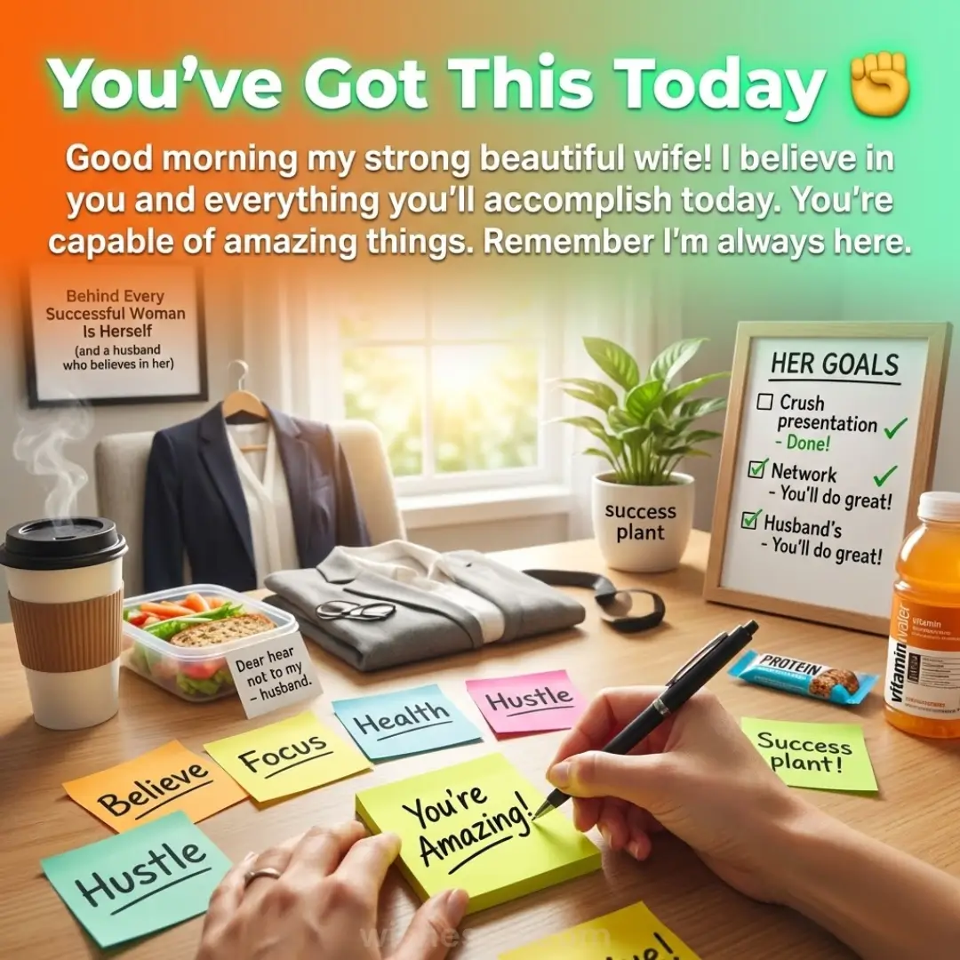 Warm morning light bathes a wooden desk where hands write "You're Amazing!" on a yellow sticky note. Surrounded by steaming coffee and a goal checklist, the scene features a supportive message for a "strong beautiful wife.