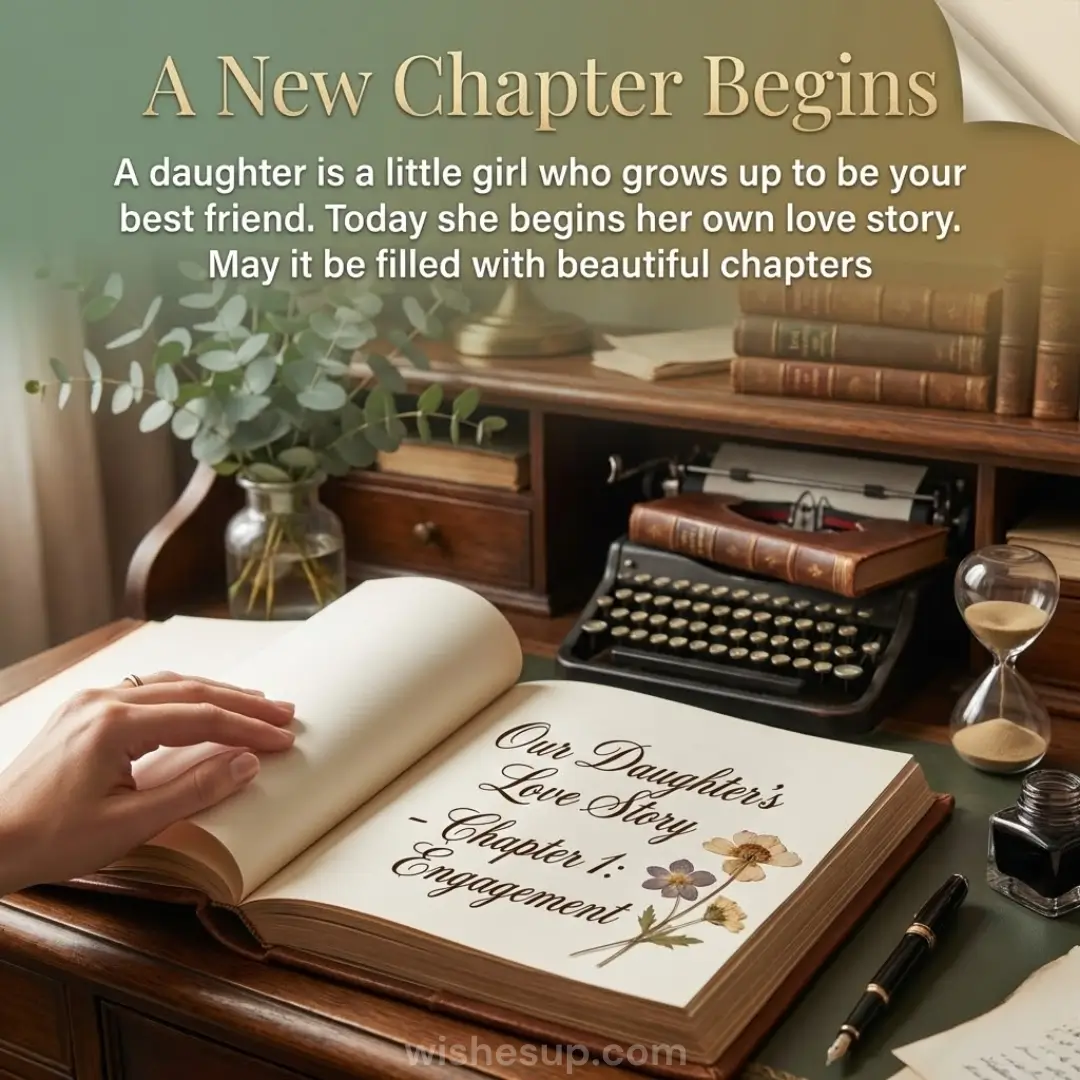 A hand turns a calligraphed page titled "Our Daughter's Love Story" on a dark wooden desk. Bathed in warm golden light, the nostalgic scene features a typewriter and hourglass, revealing textures of aged paper and polished wood.