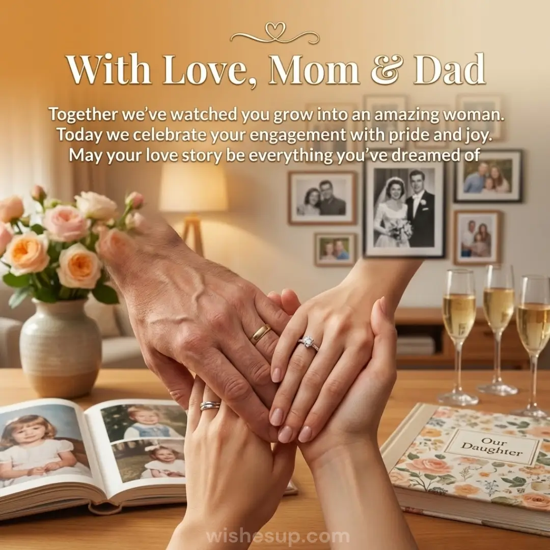 Three hands wearing gold and diamond rings rest atop an open photo album, bathed in a warm golden glow alongside delicate peach roses and champagne flutes against a backdrop of sentimental framed family memories.