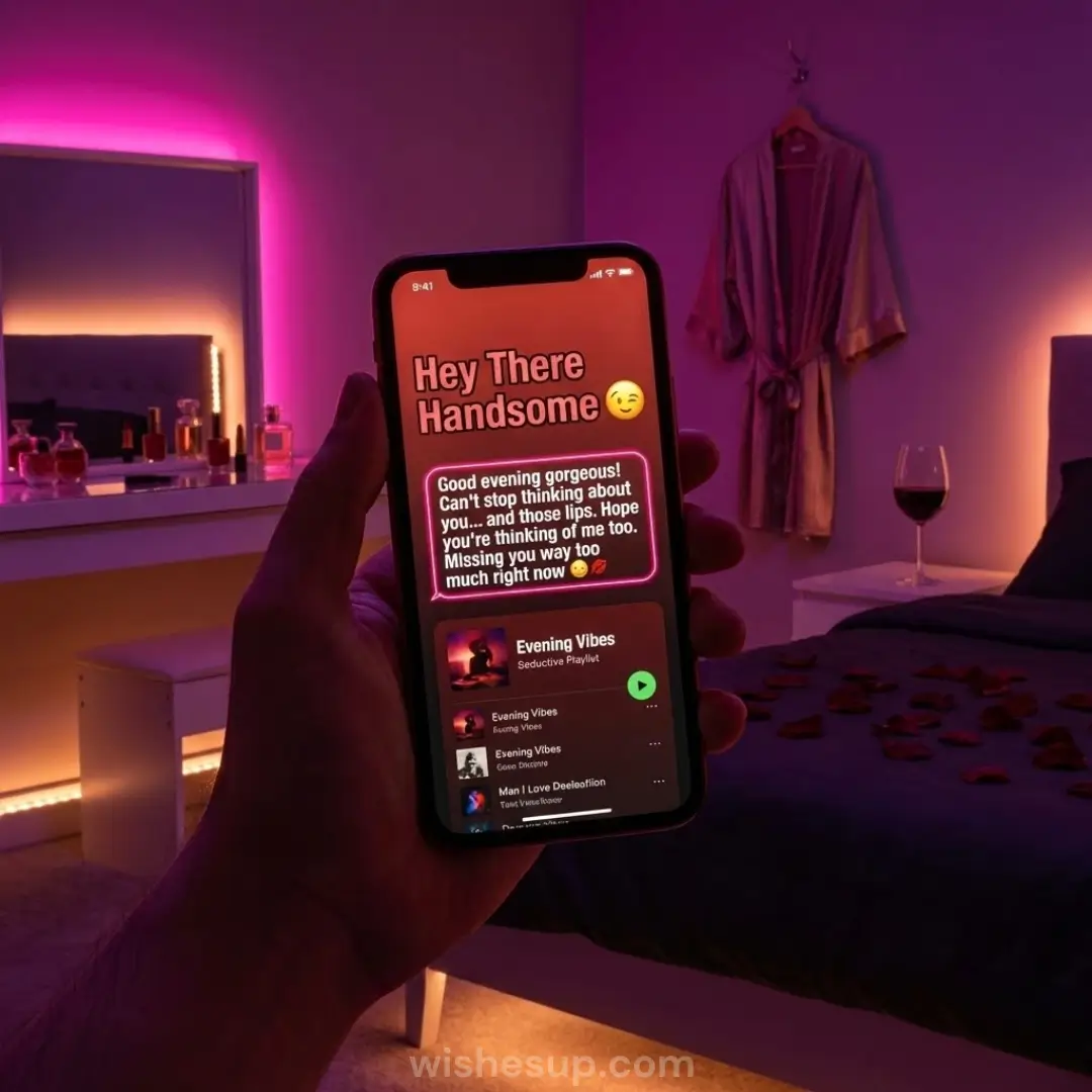 A hand holds a smartphone displaying a romantic message in a bedroom bathed in moody pink and purple neon. Scattered red rose petals on dark bedding and a hanging satin robe create an intimate, seductive atmosphere.