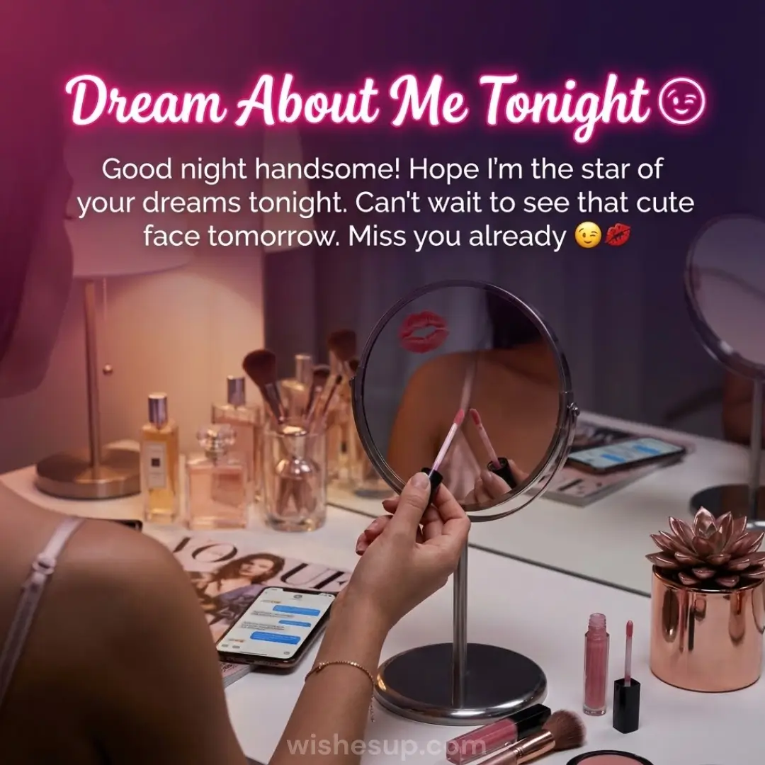 A woman sits at a vanity with rose gold accents and perfumes under a pink neon glow reading "Dream About Me Tonight." She holds a lip gloss wand toward a circular mirror marked with a lipstick kiss, creating a romantic, dreamy atmosphere.