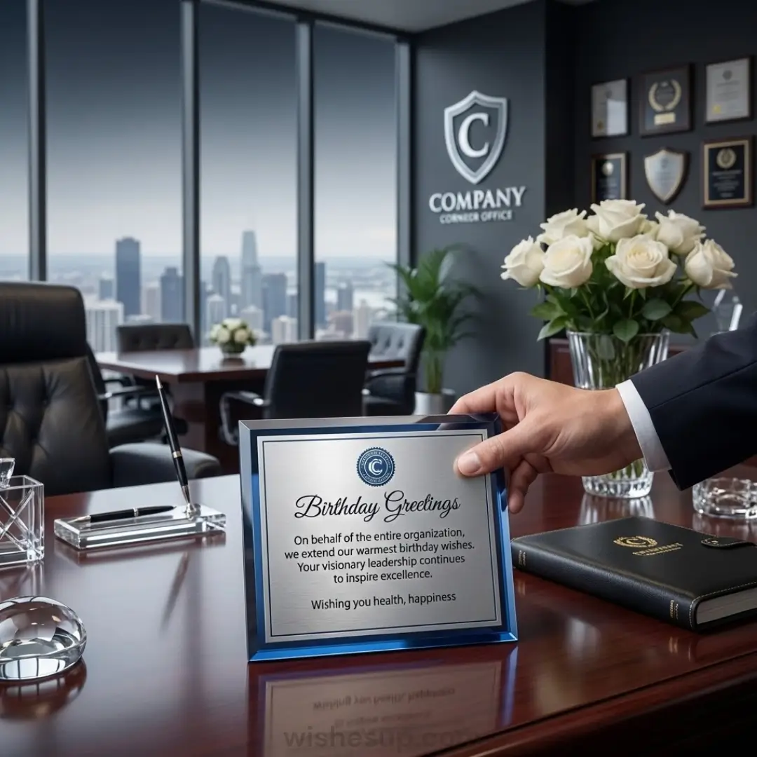 A hand holds a silver and blue executive recognition plaque on a polished dark wood desk. This corporate birthday gift sits beside white roses, overlooking a misty city skyline through expansive floor-to-ceiling windows.
