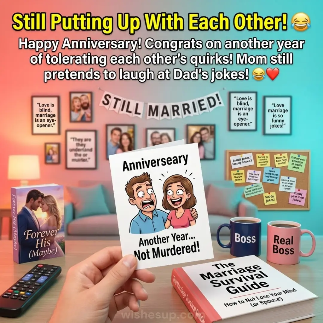 A hand holds a humorous anniversary card against a soft teal and pink living room backdrop. Glossy marriage-themed books and ceramic mugs sit under a warm, diffused glow, while a "STILL MARRIED" banner hangs on the gallery wall.