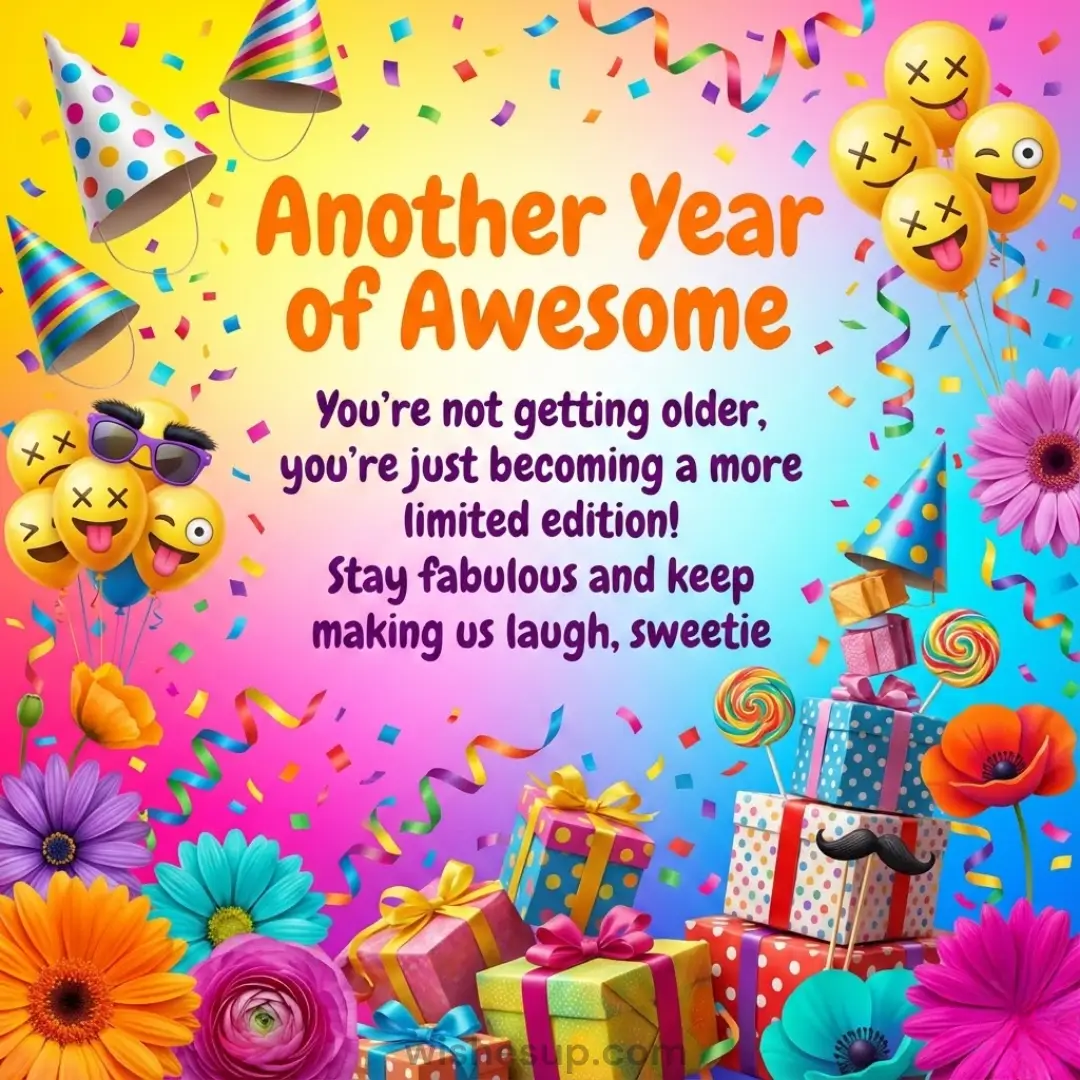 Vibrant birthday card with emoji balloons and gifts reading "Another Year of Awesome" and "You're just becoming a more limited edition!"