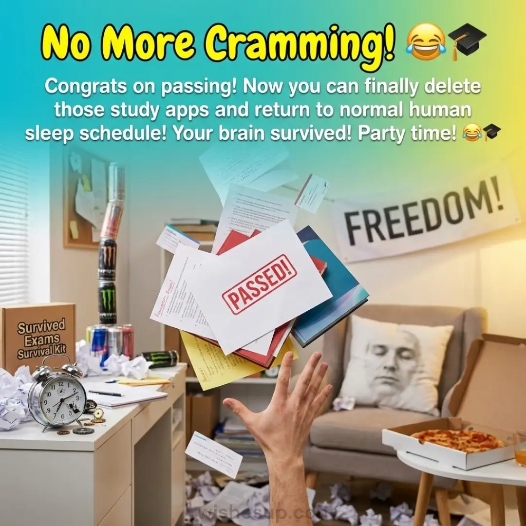 A triumphant hand tosses study papers into the air, featuring a bold red "PASSED!" stamp. The cluttered room displays stacked metallic energy cans and a "FREEDOM!" banner, all bathed in bright, celebratory sunlight.