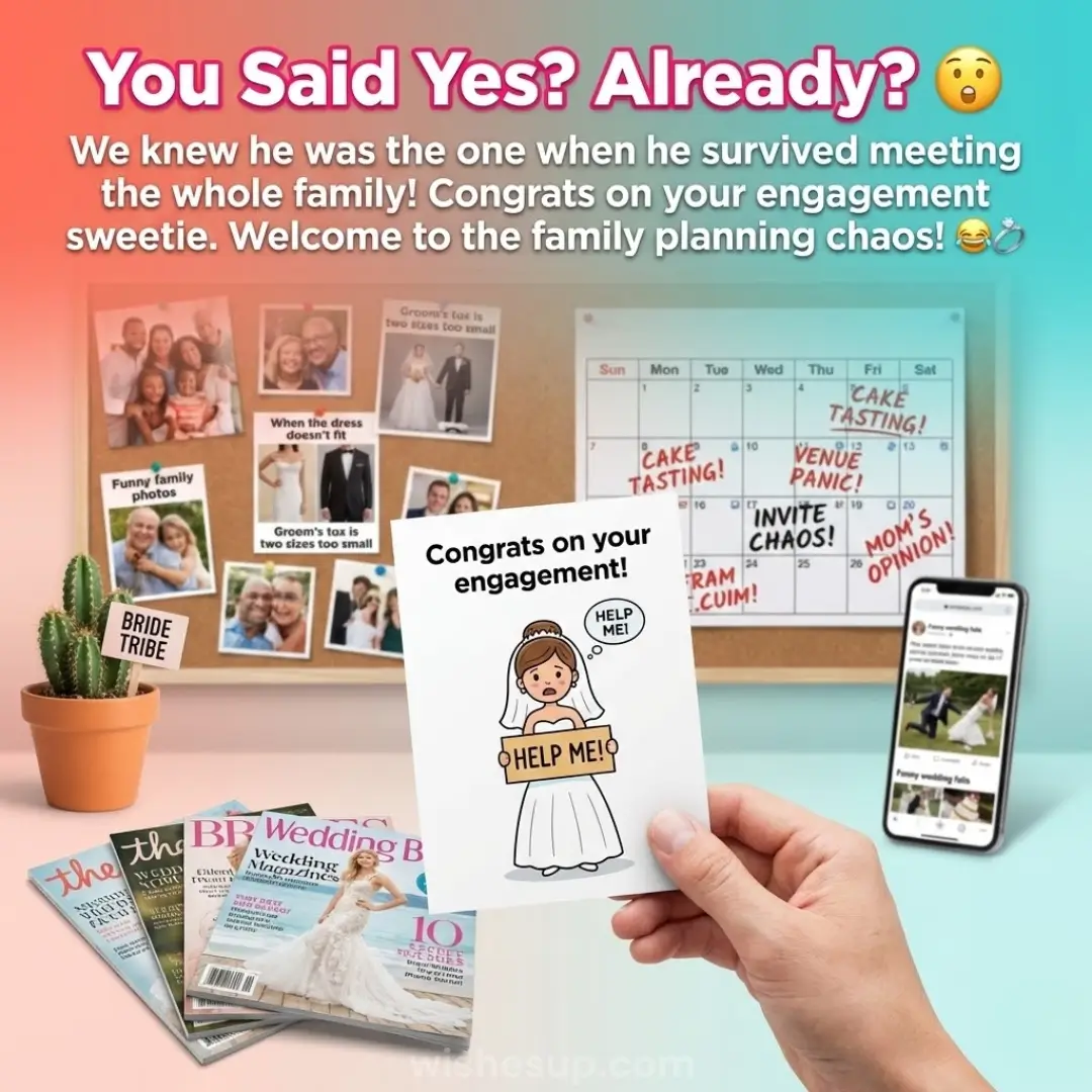 A hand holds a humorous engagement card featuring a panicked cartoon bride against a backdrop of glossy wedding magazines and a chaotic planning calendar, set under soft studio light with a vibrant teal and coral gradient.