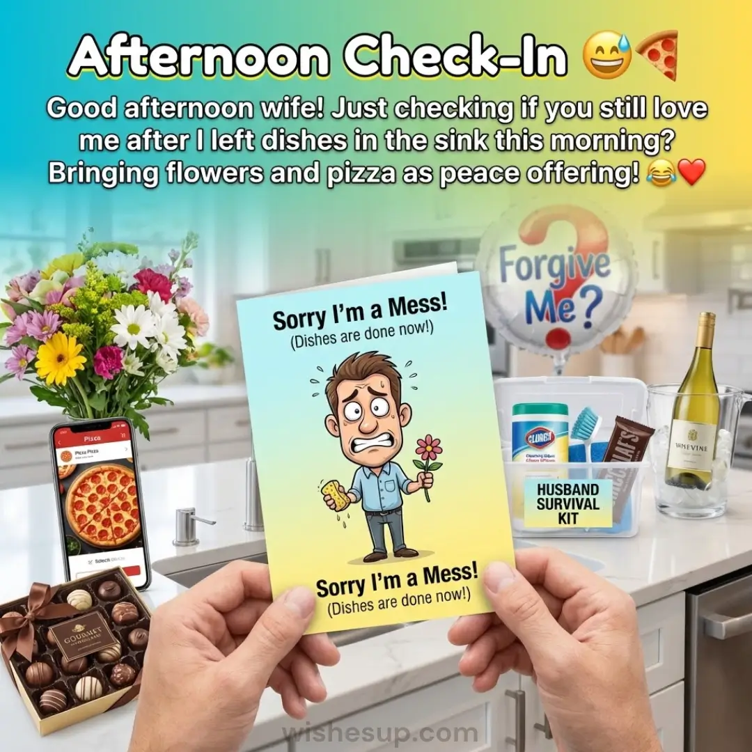 Hands hold a humorous apology card over a bright marble counter with vibrant flowers, chocolates, and a "Husband Survival Kit." Soft daylight catches the glossy "Forgive Me?" balloon and chilled wine in a modern kitchen.