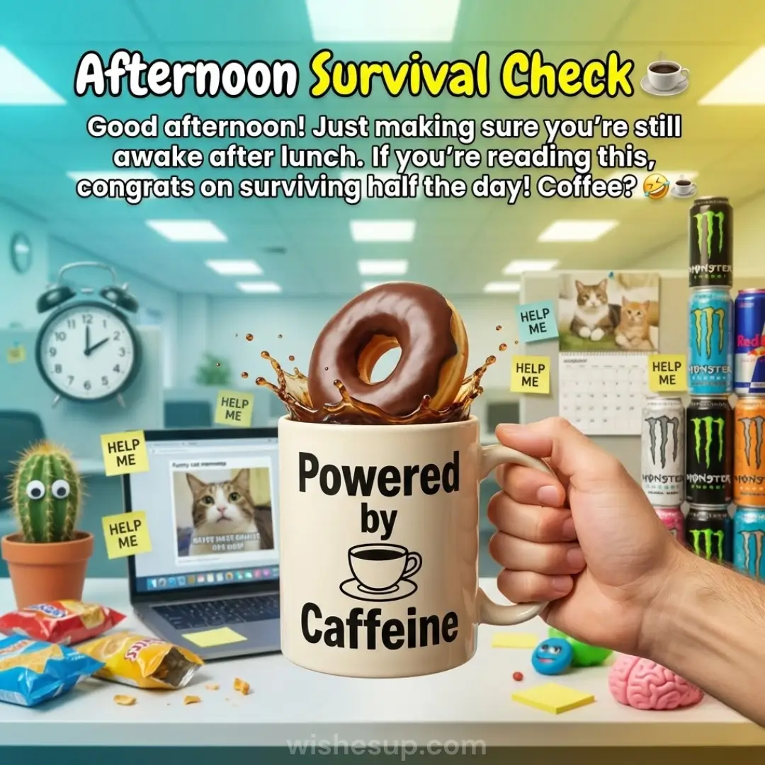 A glossy chocolate donut splashes into a "Powered by Caffeine" mug held over a cluttered office desk. Yellow "HELP ME" sticky notes and stacked energy drinks surround the scene under bright, artificial overhead lighting.
