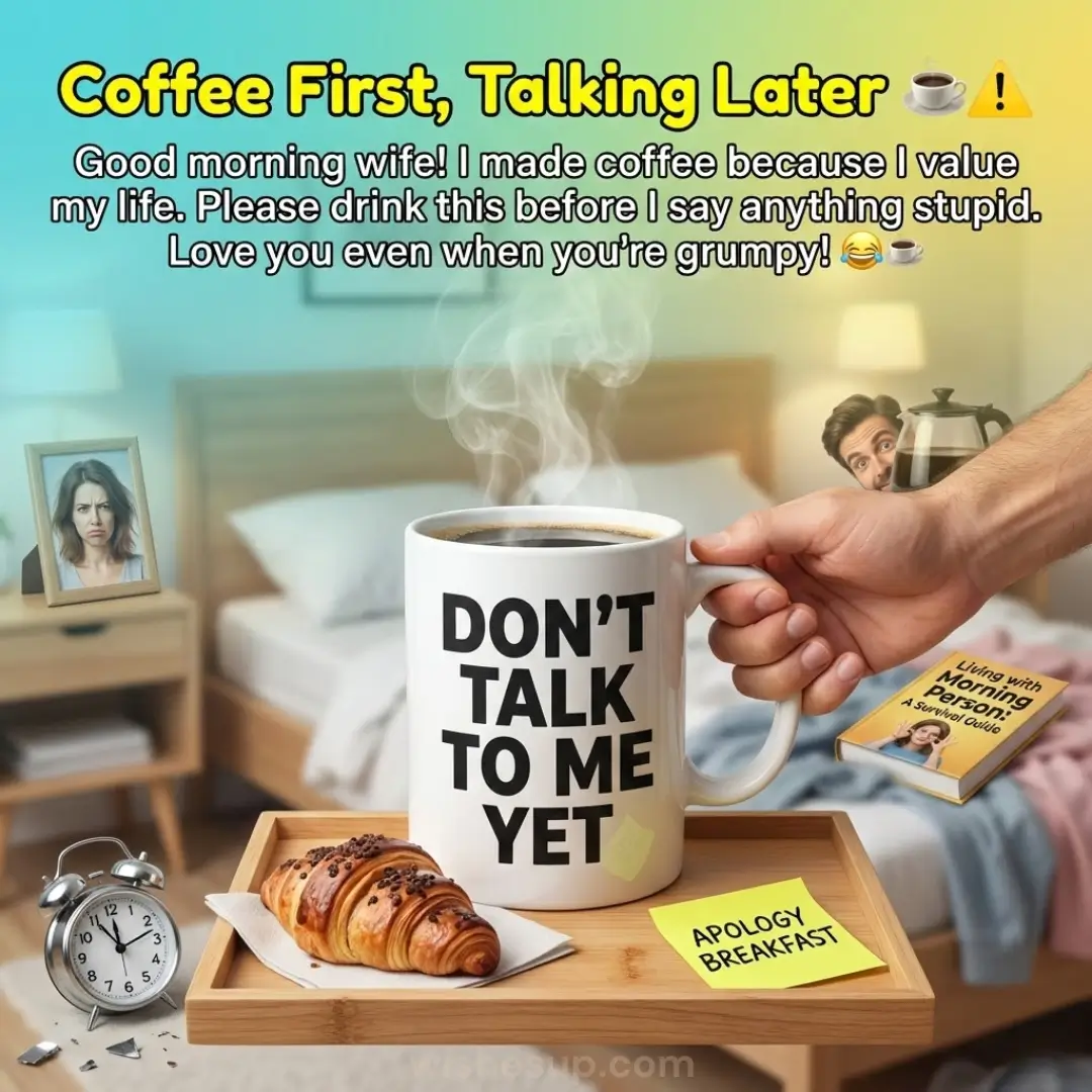 A hand holds a steaming white mug reading "DON'T TALK TO ME YET" over a wooden tray with a golden croissant and "APOLOGY BREAKFAST" note. Soft morning light fills the bedroom, where a man peeks from behind the mug near a survival guide book.