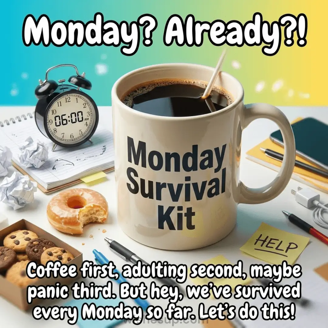 A glossy cream "Monday Survival Kit" mug filled with dark coffee sits on a desk with a 6:00 AM alarm clock and bitten donut. Bright, crisp light illuminates the scene against a vibrant teal and yellow gradient.