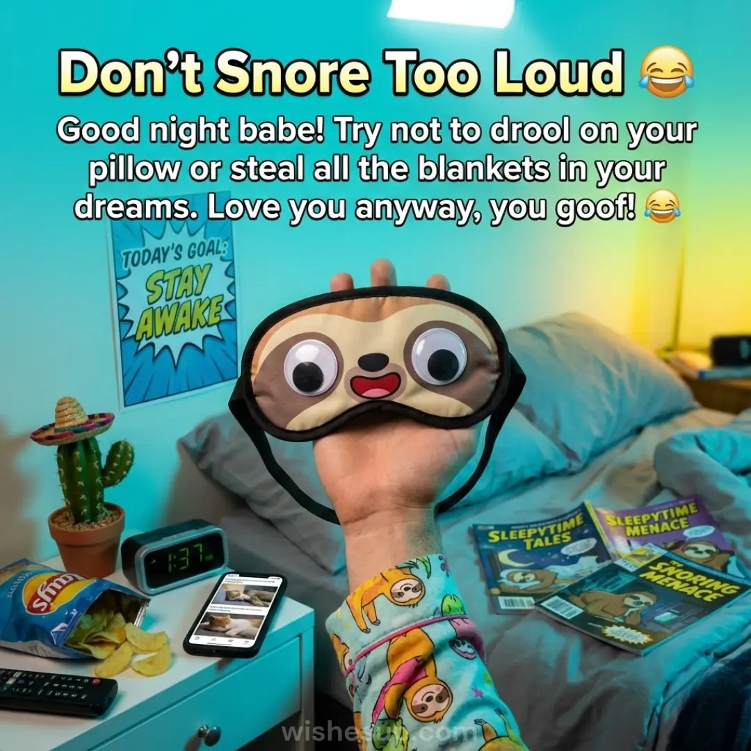 A hand in sloth-patterned pajamas holds a wide-eyed sloth sleep mask in a bedroom lit by contrasting teal and warm yellow light. Comic books and snacks clutter a rumpled bed, creating a playful atmosphere beneath humorous text about snoring.