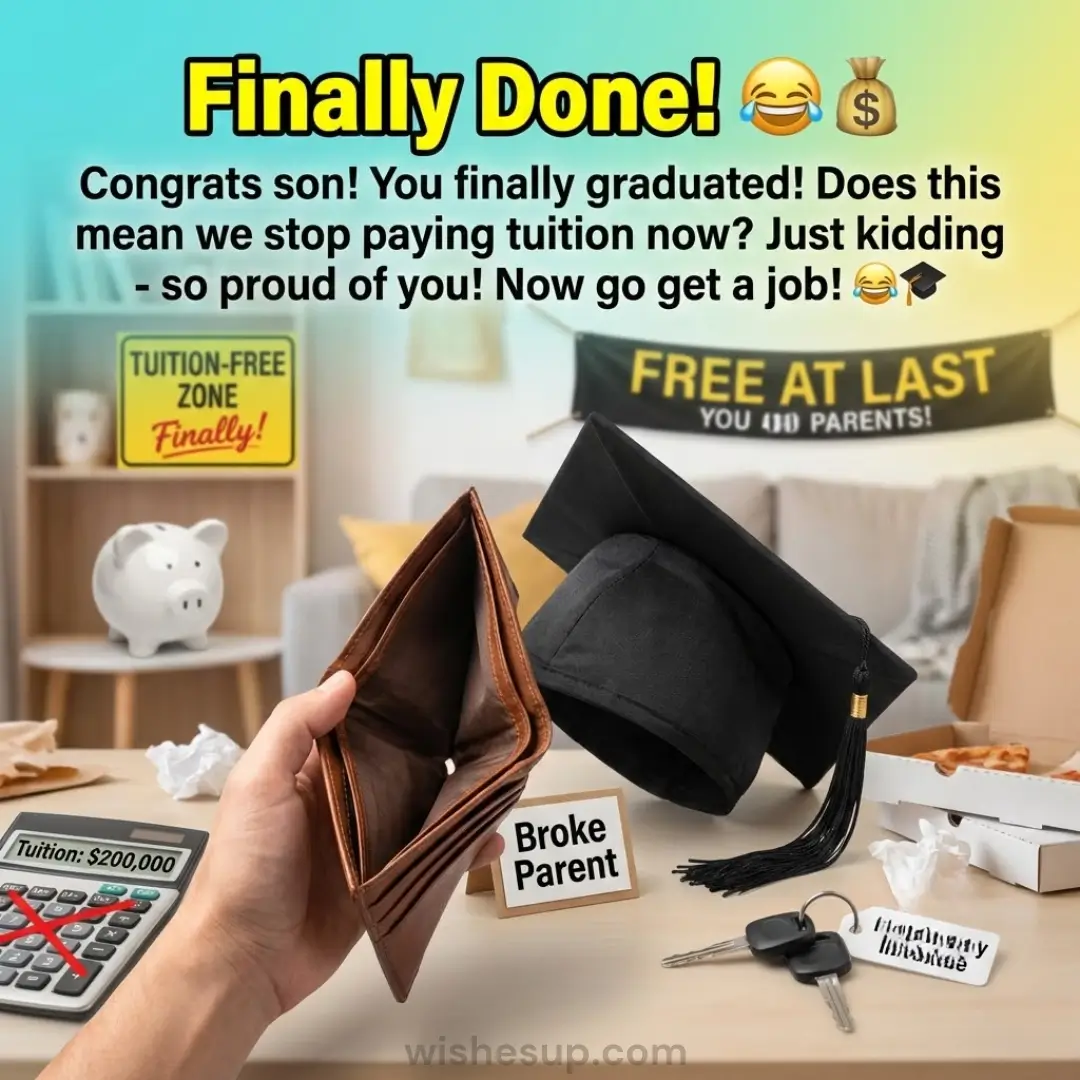 An empty, grained brown leather wallet is held open beside a black graduation cap under bright, diffused light. Humorous signs and a "Free at Last" banner celebrate the end of tuition payments within a warm, soft-focus living room.