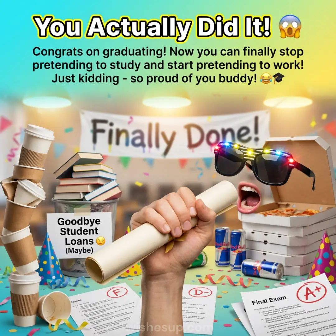 A hand raises a cream diploma over a chaotic desk of coffee cups, energy drinks, and exams. Glowing LED sunglasses and a "Finally Done!" banner shine under bright lights, surrounded by vibrant confetti and humorous graduation text.