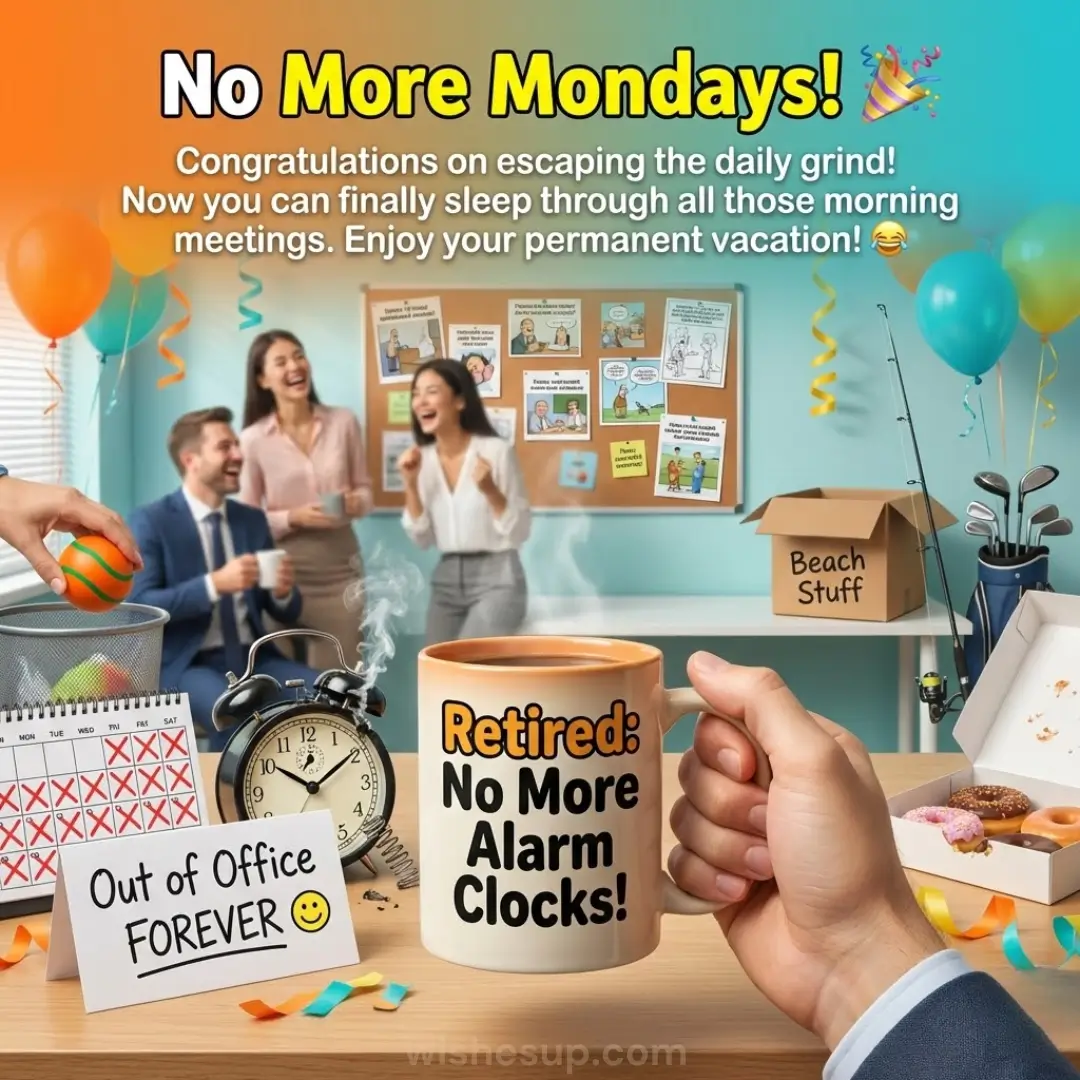 A hand holds a steaming orange-rimmed "Retired" mug over a desk with a smashed alarm clock. Cheering colleagues and vibrant balloons fill the bright office, creating a joyful atmosphere of celebration and permanent vacation.