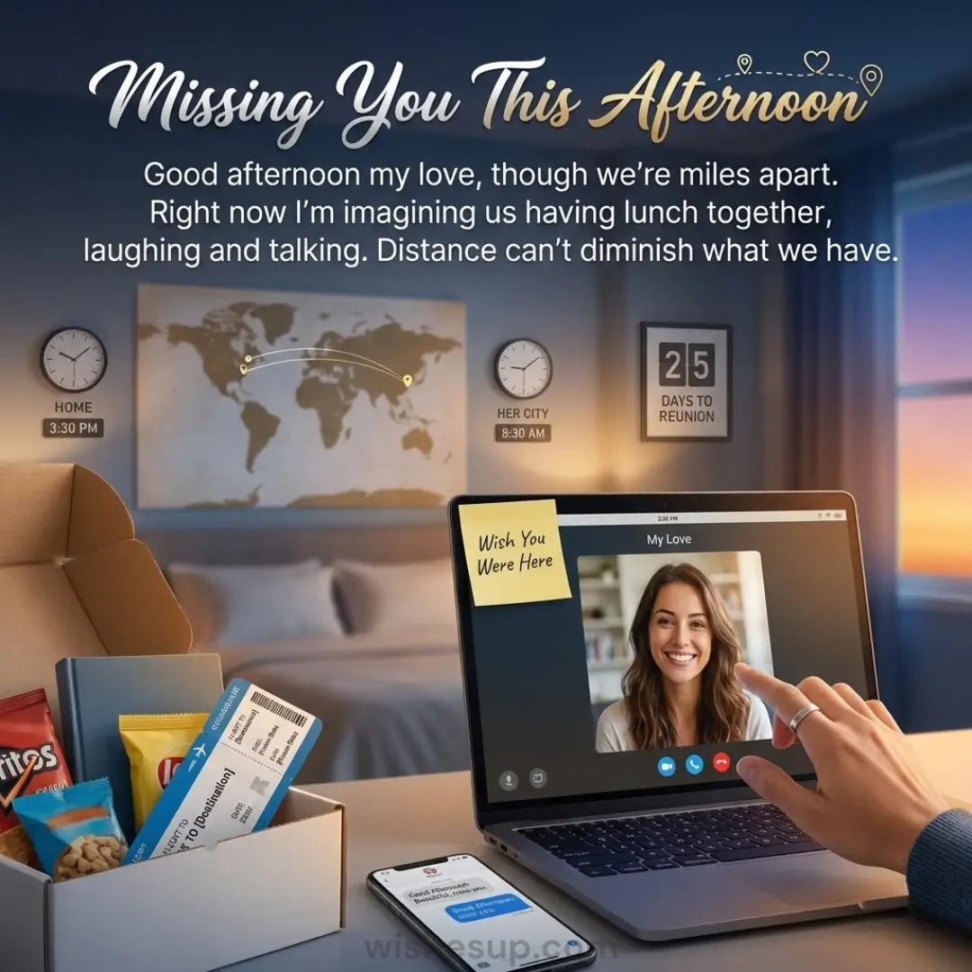 A hand reaches toward a laptop screen showing a smiling woman, beside a care package and flight ticket. Warm sunset light illuminates a yellow sticky note and dual-time clocks, capturing a sentimental moment of long-distance connection in a cozy room.