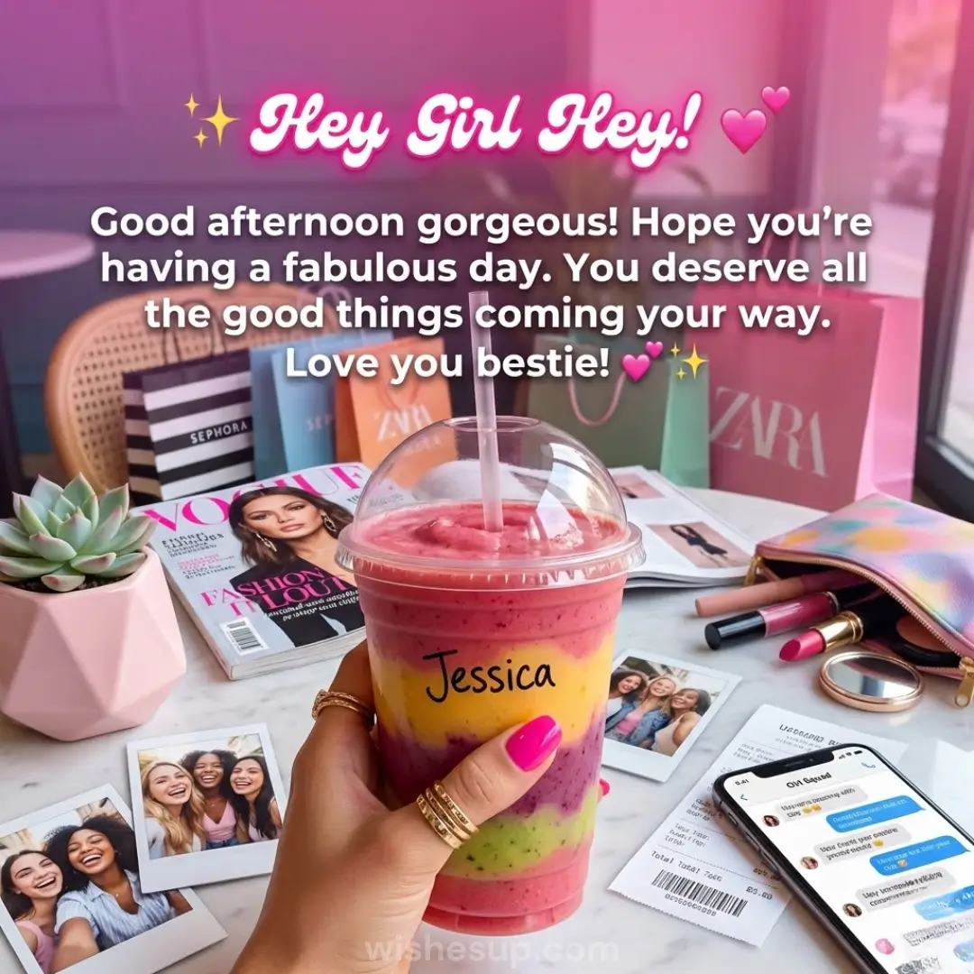 A manicured hand holds a layered smoothie labeled 'Jessica' on a marble table near Zara and Sephora bags. Soft pink lighting bathes the chic scene in a warm, celebratory afternoon glow.