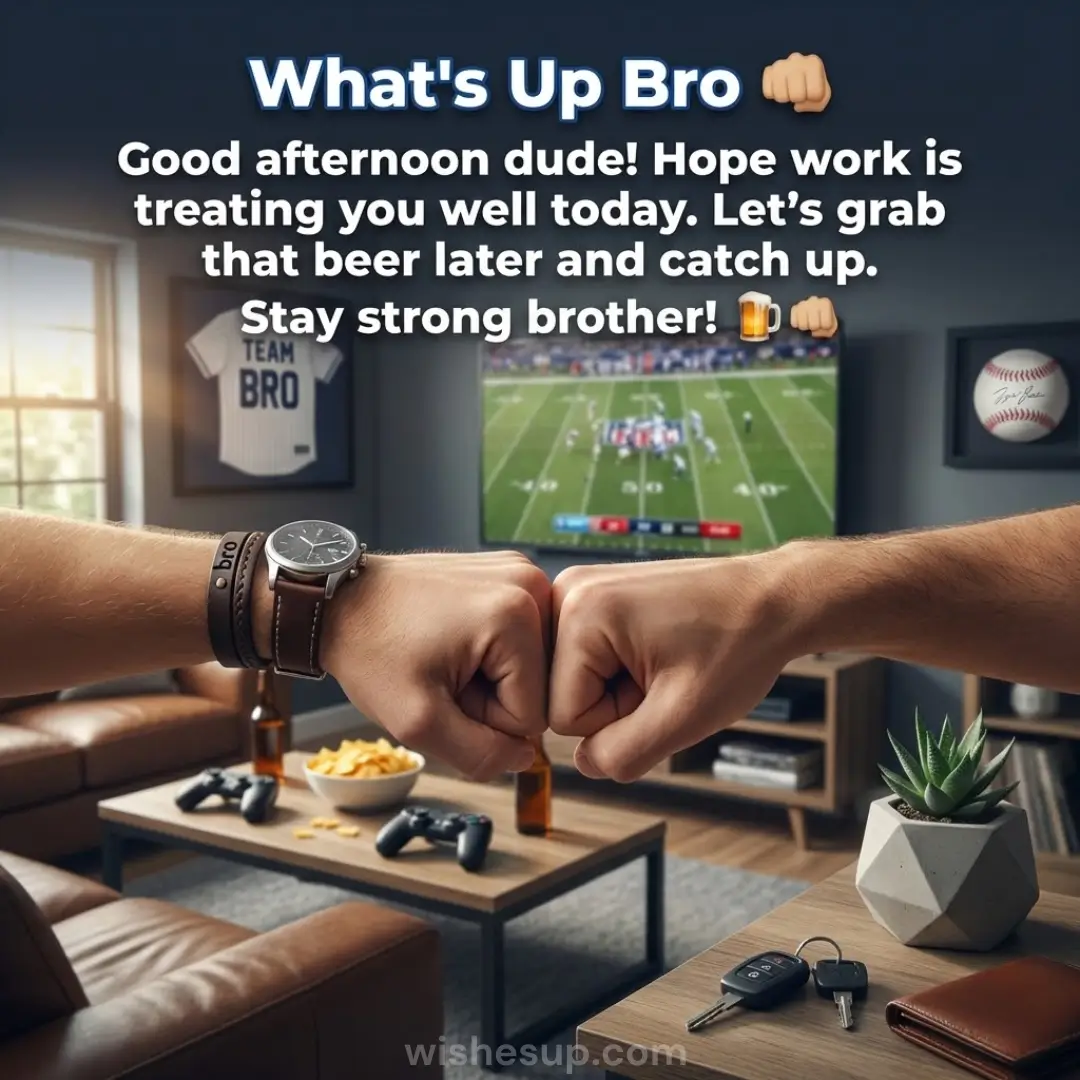 Two masculine arms meet in a firm fist bump before a sunlit living room featuring a football game on TV. Warm afternoon light glows over a leather watch, sports memorabilia, and snacks, creating a cozy, fraternal atmosphere.