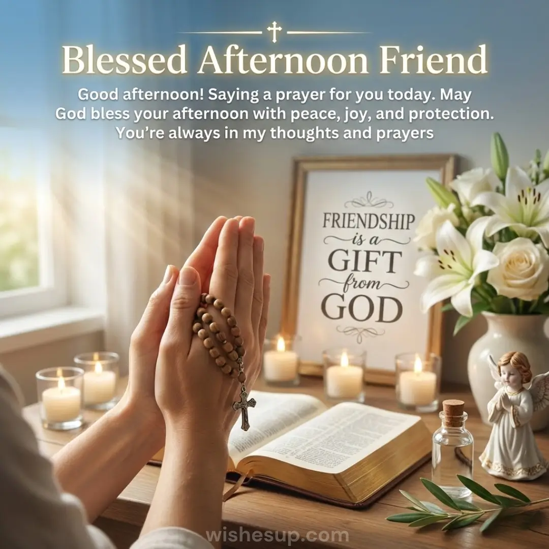 Hands clasped in prayer hold a wooden rosary over an open gold-edged Bible, bathed in hazy afternoon sunlight. Flickering candles and white lilies frame a message of friendship, creating a serene, warm, and spiritual atmosphere.