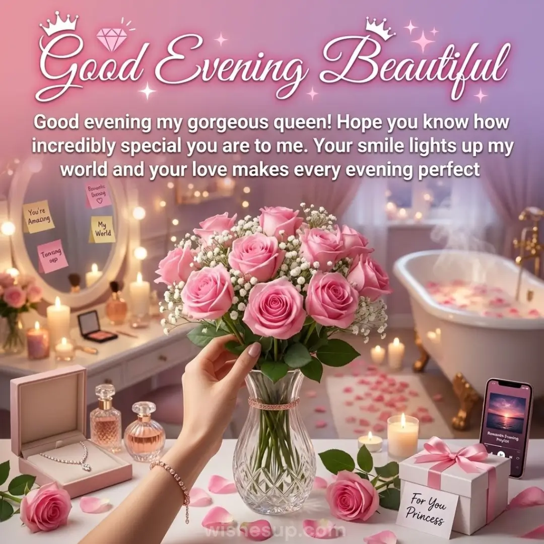 A hand arranges soft pink roses in a crystal vase on a white vanity, bathed in warm candlelight. This luxurious room features a steaming bathtub and elegant jewelry under a dreamy, diffused pink glow.