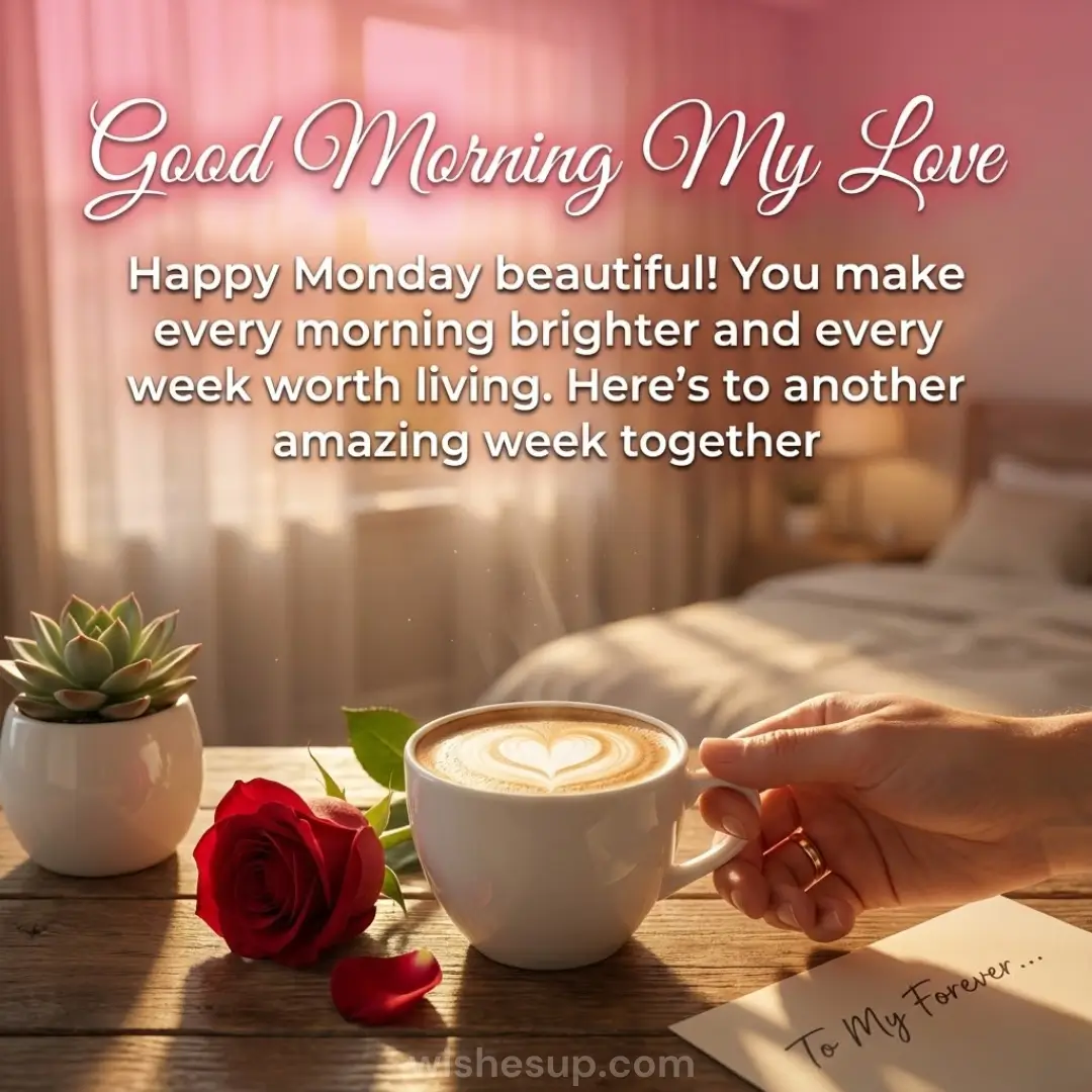 A hand holds a latte with heart foam art on a sunlit wooden table beside a velvet red rose and succulent. Warm morning light filters through sheer curtains into a bedroom with romantic "Good Morning My Love" text.