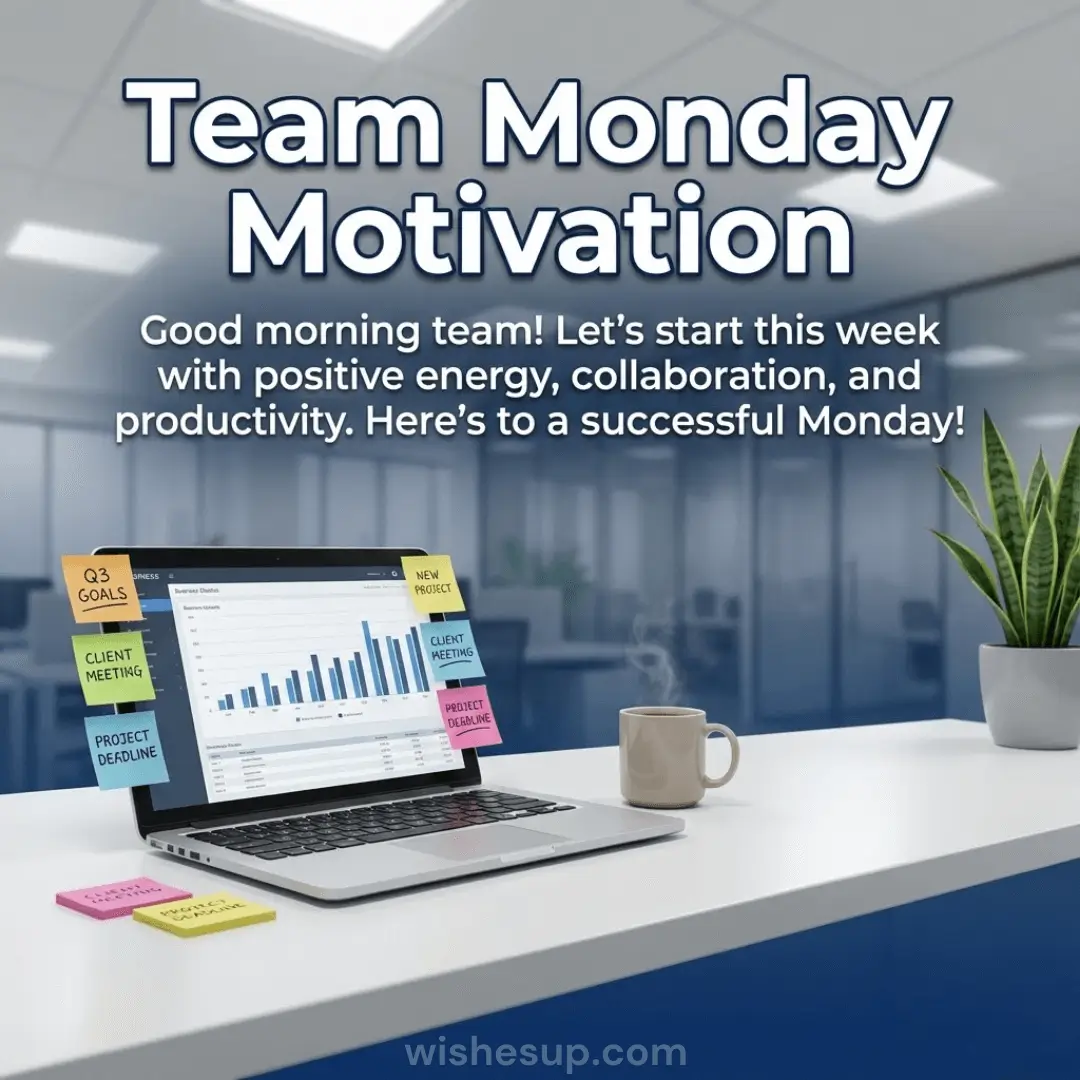 A silver laptop displaying charts is adorned with neon sticky notes on a sleek white desk. A steaming beige mug and vibrant green snake plant sit nearby under bright office lighting, set against a blurred background with motivational Monday text.