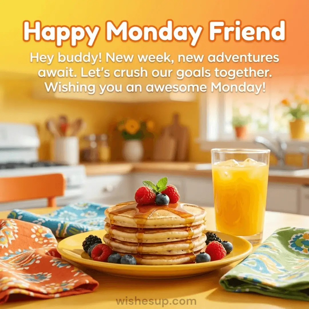 Golden pancakes topped with glossy syrup and fresh berries sit beside chilled orange juice in a sun-drenched kitchen. This warm scene features a cheerful "Happy Monday Friend" greeting and vibrant patterned napkins under soft morning light.