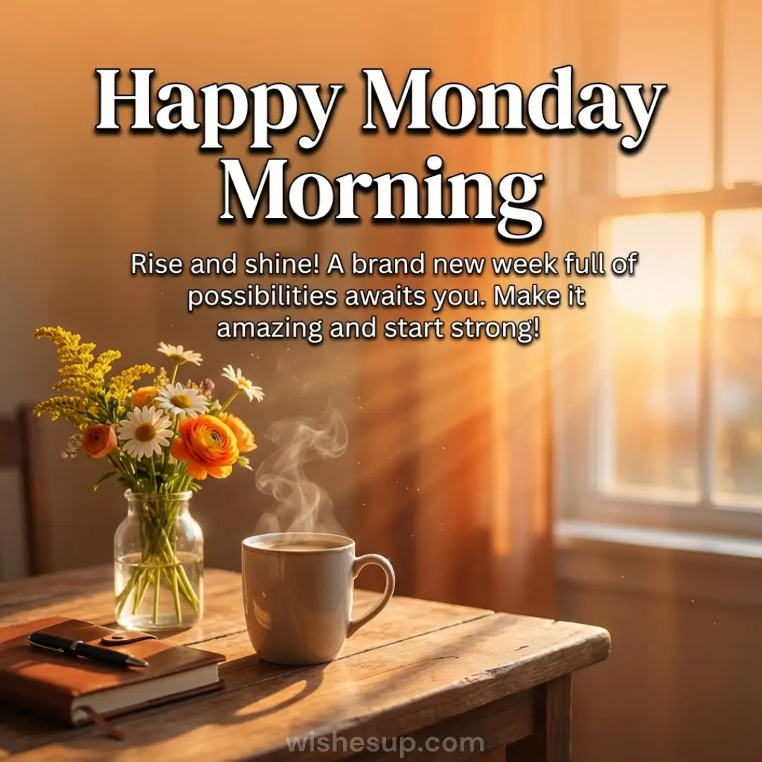 Happy Monday Morning" text overlays a steaming ceramic mug and leather journal on a rustic wooden table. Bathed in golden sunlight, a vase of white daisies and orange flowers adds color to this cozy, sun-drenched scene of peaceful warmth.