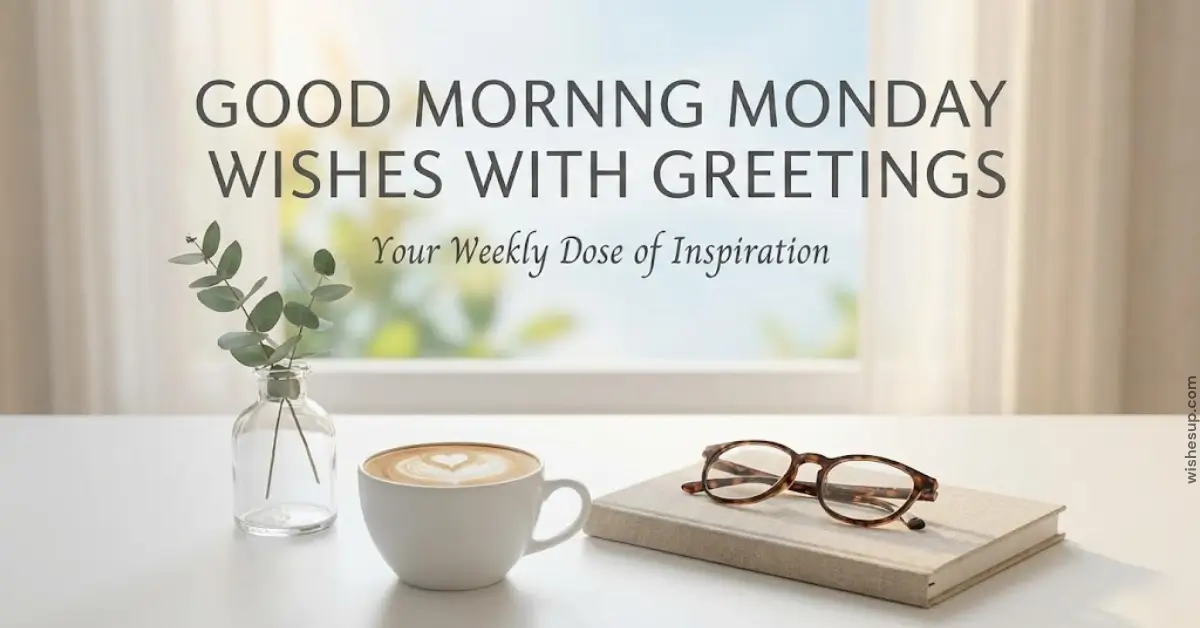 A ceramic latte mug with heart foam rests on a white table beside tortoiseshell glasses and a linen journal. Soft morning light filters through a window, illuminating eucalyptus sprigs beneath cheerful Monday wishes in a serene setting.
