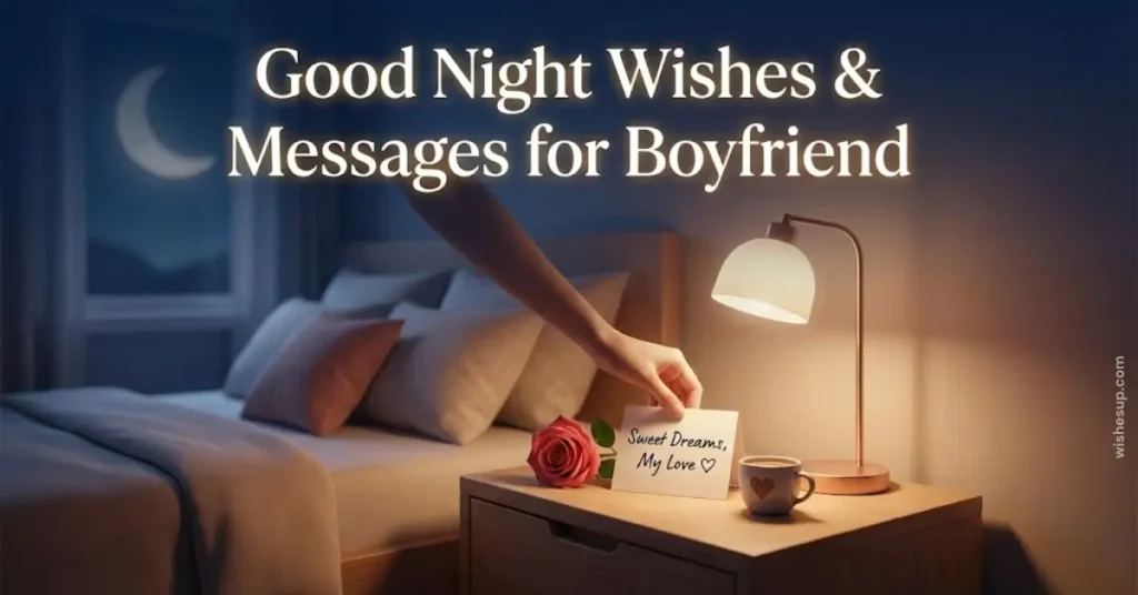 A hand places a romantic note beside a velvety red rose and heart-adorned cup on a wooden nightstand, bathed in warm lamp light. The cozy bedroom backdrop features soft pillows and a glowing crescent moon visible through a dark, moonlit window.