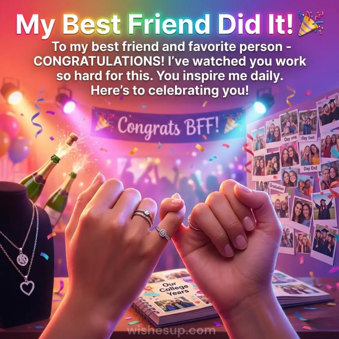 Two hands with sparkling silver rings perform a pinky swear over a college scrapbook, set against a festive scene of popping champagne and photo collages bathed in vibrant neon pink and blue spotlights with scattered confetti.