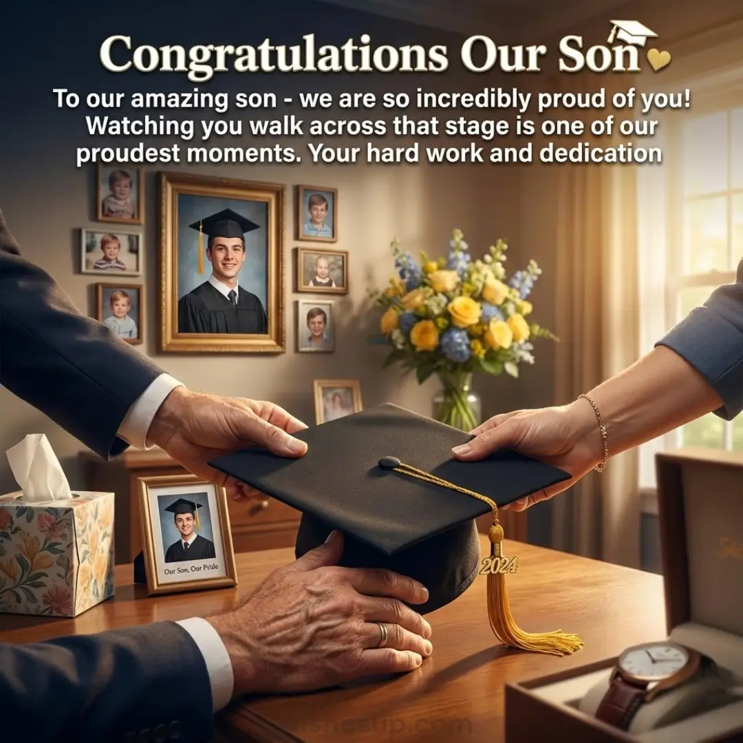 Hands hold a black graduation cap with a golden 2024 tassel over a sunlit wooden desk. A sentimental background of framed portraits and yellow roses evokes a warm atmosphere of pride and celebration for a son’s milestone achievement.