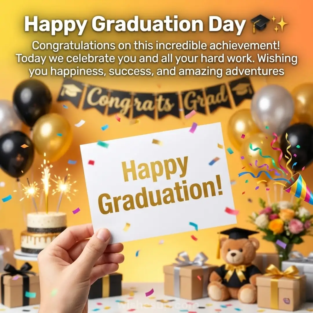 A hand holds a white card with gold "Happy Graduation!" text, surrounded by glossy black and metallic gold balloons, a graduation teddy bear, and a sparkling cake. The festive scene is illuminated by a warm, celebratory glow and a vibrant shower of colorful confetti.